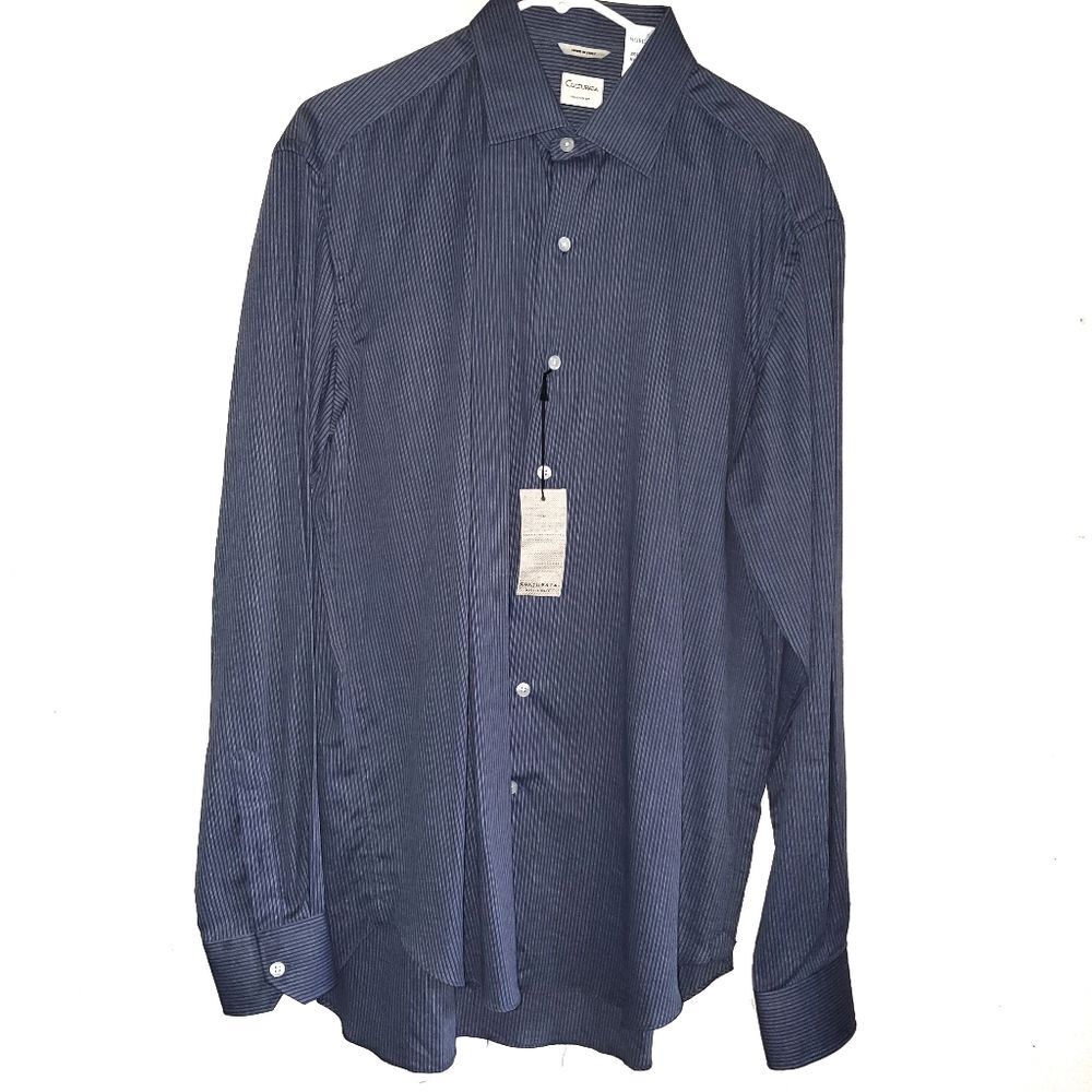 Culturata Blue Herringbone Stripe Long Sleeve Cotton Button Lg 16.5 42 NWT